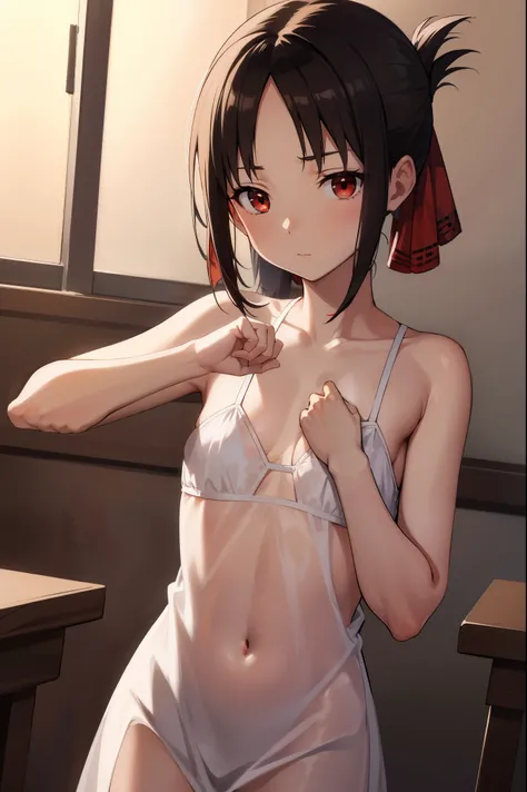 kaguyashinomiya, kaguya shinomiya, folded ponytail, forehead, hair ribbon, (red eyes:1.5), red ribbon, ribbon, short hair, sidelocks, (small breast:1.2),BREAK (nightie), BREAK looking at viewer,B REAK indoors, classroom,
BREAK (masterpiece:1.2), best quali...