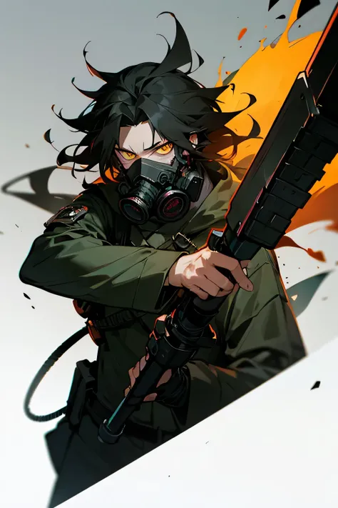  black unkempt hair 　 yellow eyes　 GAS MASK　weapons　 boy