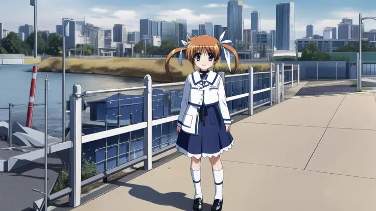 Nanoha Takamachi,  1 girl,  twin tails,  white ribbon , smile,,  and stare at the viewer,
Outdoors,  cityscape ,Full body drawing
