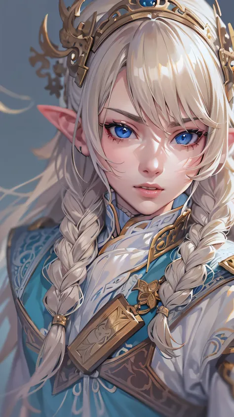 Oak:1.2, Medieval RPG character concept art{x}A girl with platinum blonde braids, pale blue eyes and low-set eyebrows , Detailed face by Jeremy Mann,Wide angle of sword,  Warrior in armor holding a club ,  Fortune Teller, Magical ride, background,  by Nomi...