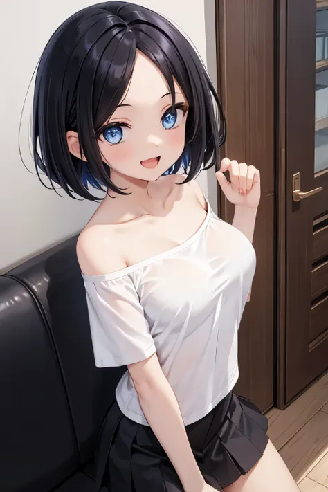 1girl ，blue eyes，medium breasts，short hair，Black hair，forehead，Smile，opened mouth，off-shoulder shirt，miniskirt，no bra