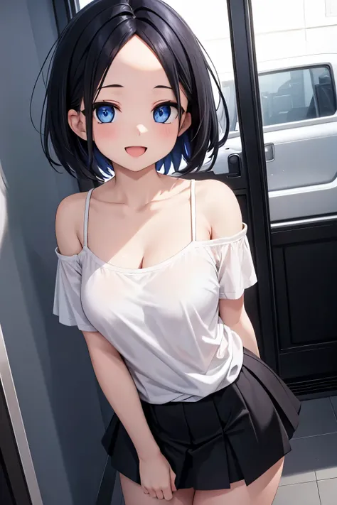 1girl ，blue eyes，medium breasts，short hair，Black hair，forehead，Smile，opened mouth，off-shoulder shirt，miniskirt，no bra