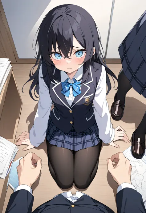  Masterpiece,  highest quality,  high resolution ,  with long hair 、 black hair、 big eyes、 slightly baby-faced  、  Light Blue Eyes、 high school girl、 school uniform、 dress shirt、 Long Sleeve、 blazer、 GRAPE LEATED SKIRT、  tartan check pleated skirt using ab...