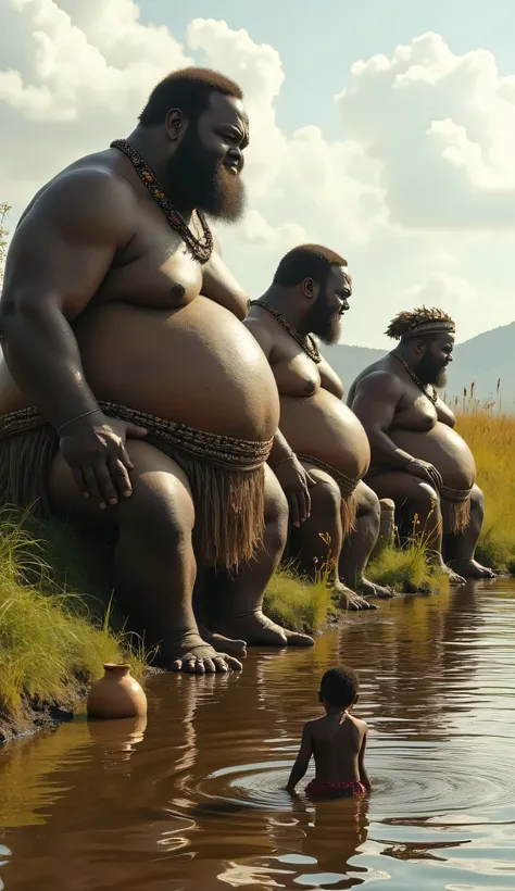 "Four monstrous giants (over 14 feet tall, with massive fat bellies and huge feet) are sitting by a river, dressed in **traditional Hadzabe attire**: animal hide loincloths, beaded belts, and feathered anklets. They are watching Hadzabe women collect water...