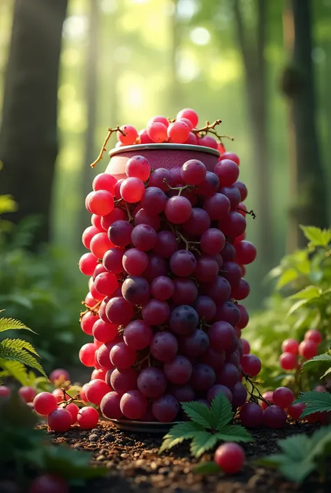 A beverage can completely covered in red grapes! Set in a forest setting, this design has an organic and natural look