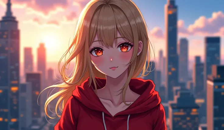 anime girl, mature, blonde hair, beautiful eyes, red hoodie, city in background