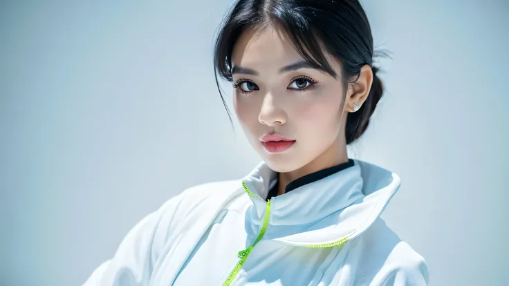 (WAIST up),((best quality, 8k, masterpiece:1.3)),sharp focus:1.2, 1girl , Beautiful lady with Perfect Figure, Vivid, white modern SPORTS wear,black hair,white background,((detailed face)),
