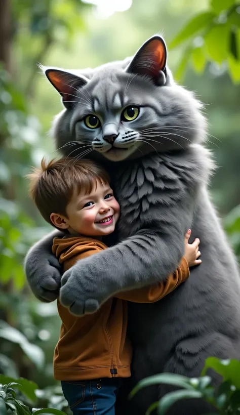 A stunning photo of a  embracing a giant, fluffy cat with beautiful grey feathers near a green jungle. The cat is much larger than the boy, making the hug look even more adorable. The image should be realistic and in 4K quality, showcasing a high level of ...