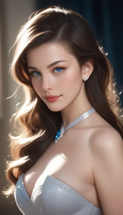 beautiful woman with medium breasts, long dark brown hair, looking at viewer, photorealistic, (135mm lens), dull blue eyes, seductive expression, wearing a formal dress, half body portrait