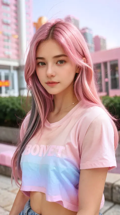 1 Girl, Beautiful, Baby Face, 20 Years Old, White Skin, medium Breasts, Pose, Cleavage, pink t shirt over size, Grey Eye, Muscles:1.3, Outdoor, Bokeh:1.1, Drill Hair, Tied Hair, ((Pink Gradient Coloured Hair)), wearing pink t shirt over size