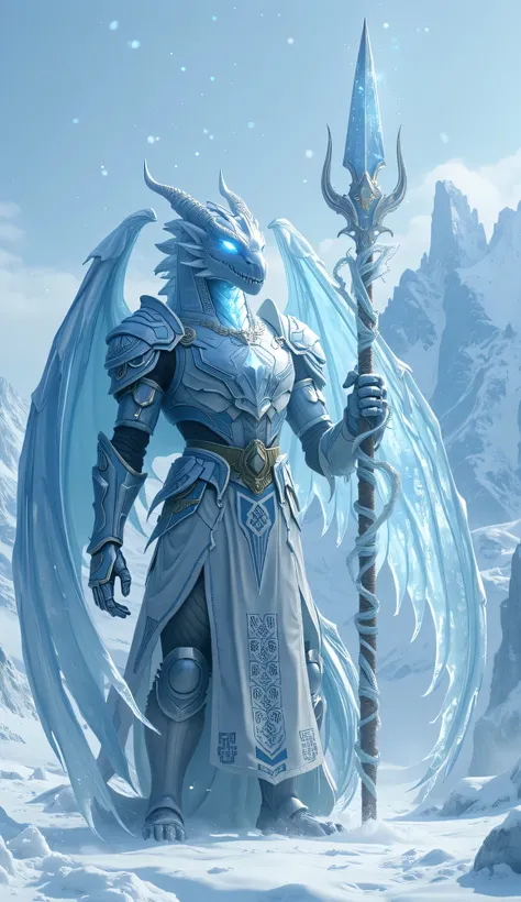 A powerful ice dragon warrior in icy blue and silver armor, holding a frost-covered spear, standing in a frozen wasteland with snowflakes falling.