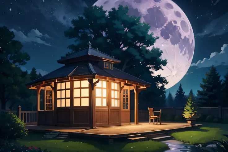 night, full moon, garden, gazebo, Tea Party, mysterious atmosphere, noble