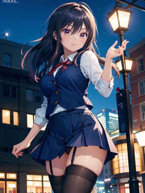  one woman、(( highest quality)), ( high resolution), (( very detailed))、( Masterpiece)、An adult-like high school girl、She is wearing a bra and cute panties in a transparent waistcoat、(I'm wearing knee-high stockings)、(I'm flipping my skirt while taking a w...