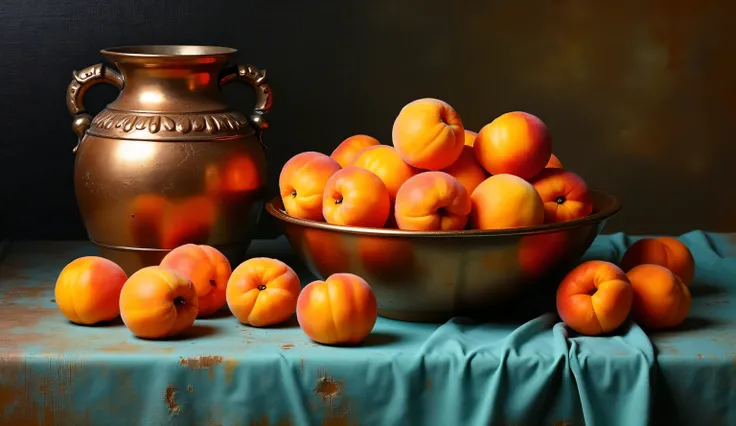 style Peinture à l'huile d'une nature morte,
 des abricots dans bole de cuivre à coté une jarre en terre cuit, au dessus d'une ancien nappe de tissu en couleur bleu turquois, lumière obscure