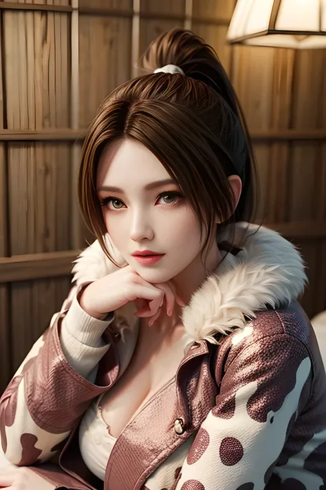 A young woman with light brown hair tied up loosely, wearing a plush fur coat with an irregular cow print pattern in creamy white and deep brown. She has a delicate facial structure, soft eyes, and a gentle expression. The background features a modern inte...