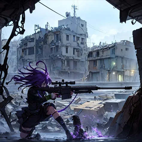 Neptunia with long purple hair, He wears a green military suit with shorts and a serious face.  Is in a war-torn city.  foreground , 