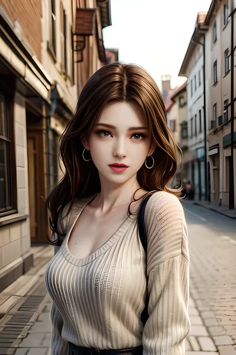 A young woman stands on a European-style city street. She has long wavy hair, delicate earrings, and delicate makeup, showing a gentle and elegant temperament. She is wearing a white loose sweater with a black V-shaped decoration, adding a sense of preppy ...