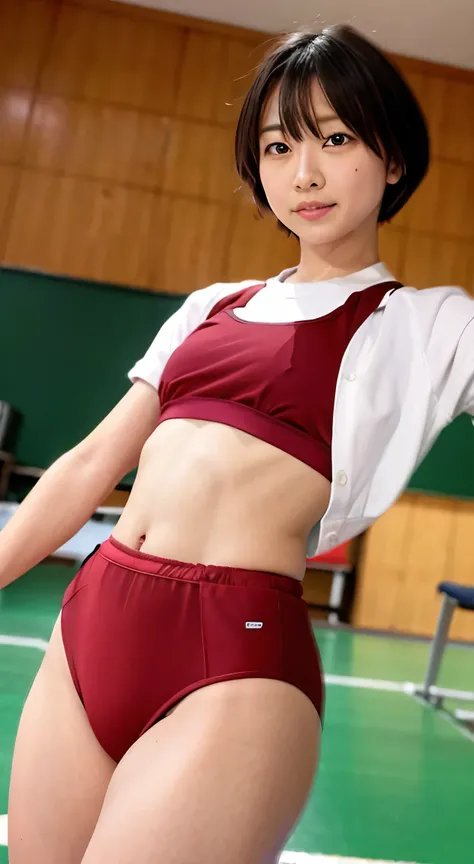 (8k,  RAW Photo ,  highest quality,  Masterpiece:1.2), ( by Nomi, photo- by Nomi:1.4), ( Extremely Detailed 8K Wallpaper ),  cute Japanese woman ,  short hair,   black hair,  are standing, (( School Gymnasium dark red buruma)),  School Gymnasium, ((Exercis...