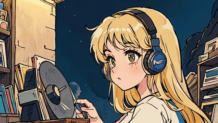 1 person, Blonde Long Hair, 80s anime style, I have headphones on, coffee, Retro, Lo-Fi,Night view, Records lined up,Stylish lighting, Wearing a short-sleeved T-shirt, Close-up of a woman's face from the front, 