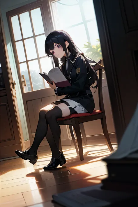 a female student, black hair, white skirt, long hair, wearing a black Japanese high school uniform, beautiful purple eyes, sad eyes, cold, sharp, 4k, sitting on a normal chair near the window, empty classroom, dark surrounding space, light shining through ...