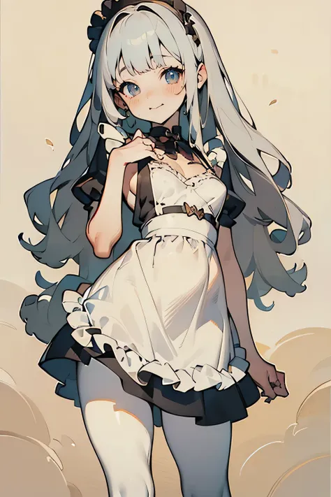  Masterpiece,  highest quality,  in ultra high quality,  1 girl, Alone,  young and long haired,  curly hair ,  gray hair, blunt bangs,  small breasts, neutral,  kind smile, Older sister, Victoria is wearing a morning style white dress, Maid,   Woman Holdin...