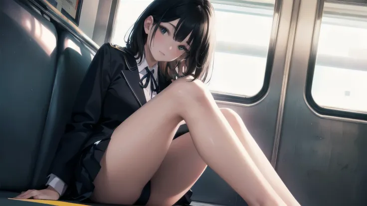 "(masterpiece,  high resolution, Ultra  high resolution, 4K)  black hair, Japanese  girl,  uniform skirt ,  sitting in a , White thighs,  Smooth thighs ,  beautiful thighs, sitting on train,  face to face angle , ( Angle from below ),sitting on train seat,...