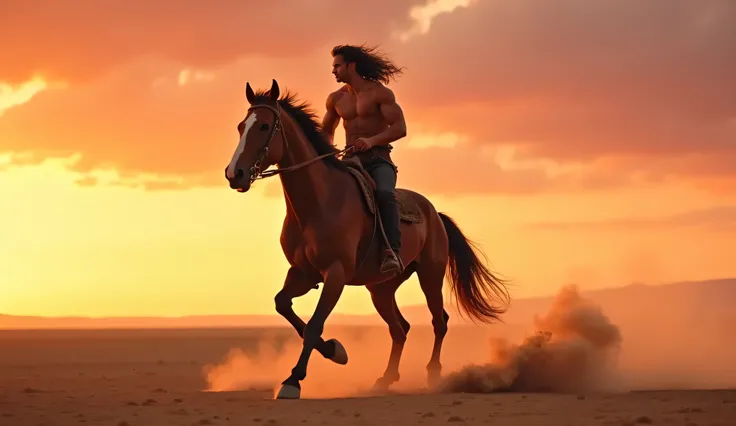 muscular Indian Man horse riding in open ground. Sunset evening. Pink yellow sky, heavy dust in air because her she is running. Man wearing leather pant. Medium long curly hair. 4K high resolution image, cinematic view, 