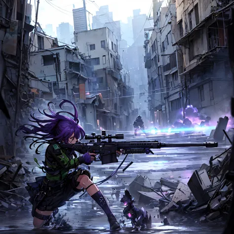 Neptunia with long purple pigtails, He wears a green military suit with shorts and a serious face.  Is in a war-torn city.  foreground , 
