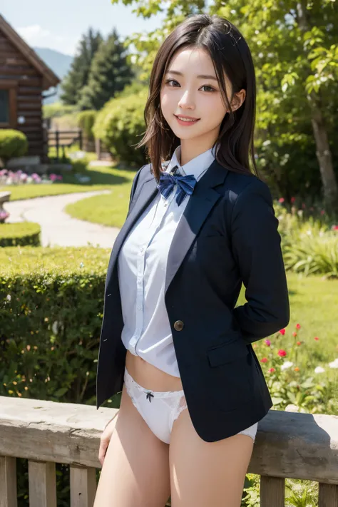 1 young girl,very cute and beautiful japanese  actress,highly detailed beautiful face,
blazer navyblue jacket,collared shirt,cute bowtie,(smile:1.2),happy,
 BREAK cowboy shot,arms behind back,(laced white panties),dynamic angle,hair ornament,black hair,
fl...