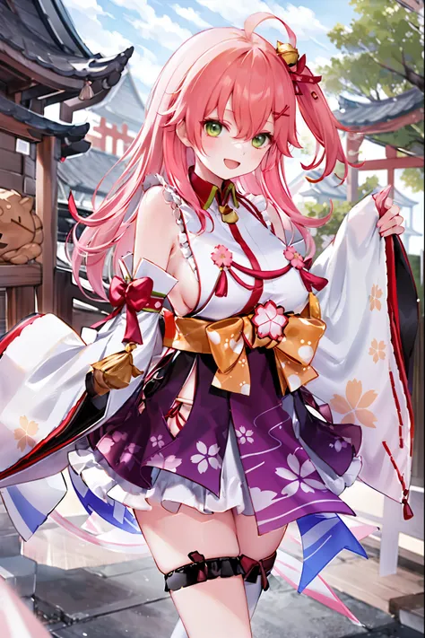 masterpiece, best quality, highres, miko1, sakura_miko, 1girl, big_boobs, solo, ahoge, x_hair_ornament, light_red_hair, floral print, hairclip,(side_less_clothes:1.5), (side_boobs:1.5), hair_bell, floral print, long_hair, hair between eyes, one side up, wh...