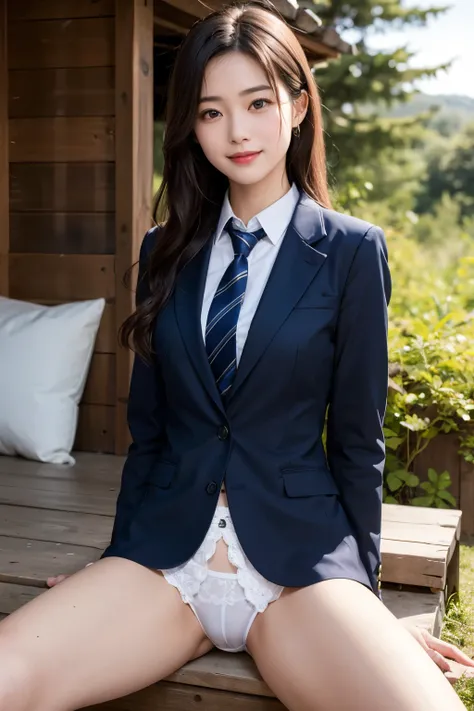 1 young girl,very cute and beautiful japanese  actress,highly detailed beautiful face,
blazer navyblue jacket,collared shirt,cute necktie,(smile:1.2),happy,
 BREAK cowboy shot,arms behind back,sitting,spread legs,(laced white panties),dynamic angle,hair or...