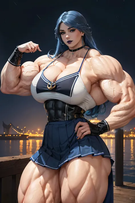 ((((Massive tall, beautiful, buff, pale white skinned muscular woman with royal blue hair, black lipstick, ginormous bulky muscles and wearing a beautiful royal blue sailor top with long sailor skirt)))), (close view), (massive muscles), long curly wavy ha...