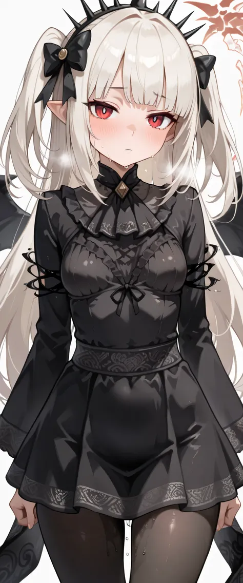 a-bao a qun - the lightless shadow, 1girl, solo, hot, steaming, steaming body, sweat, sweating, sweaty, sweaty body, wet, wet body, dripping, dripping sweat, blushing, bored face expression, closed mouth, squinted eyes, (((white background))), simple backg...