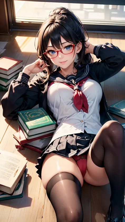  in the seat ，18 years old，(( black hair ponytail， Blackeye)) ，(( black sailor suit on the background，Intellectual glasses，black accordion mini skirt ， black thigh high stockings with a sexy design scattered around with countless books:1.3))，(( cowboy shot...