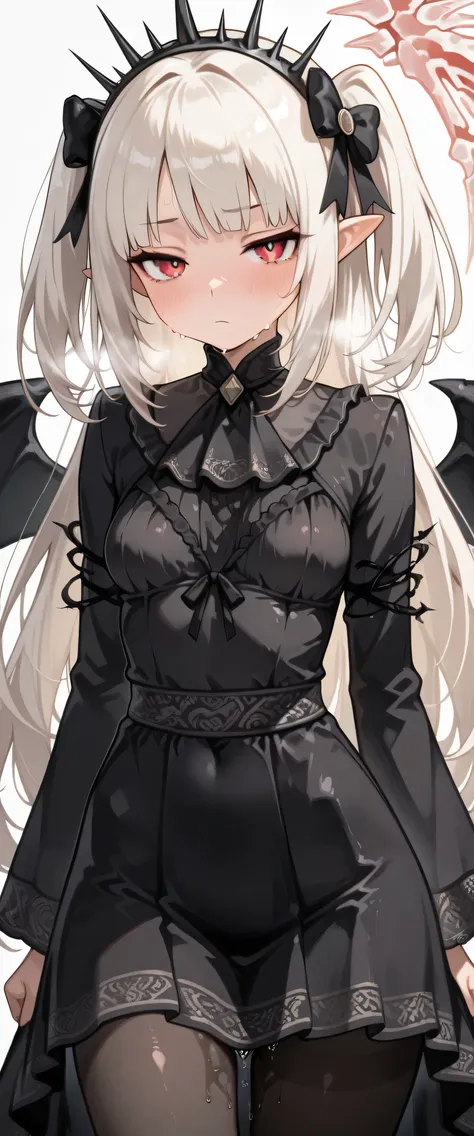 a-bao a qun - the lightless shadow, 1girl, solo, hot, steaming, steaming body, sweat, sweating, sweaty, sweaty body, wet, wet body, dripping, dripping sweat, blushing, bored face expression, closed mouth, squinted eyes, (((white background))), simple backg...