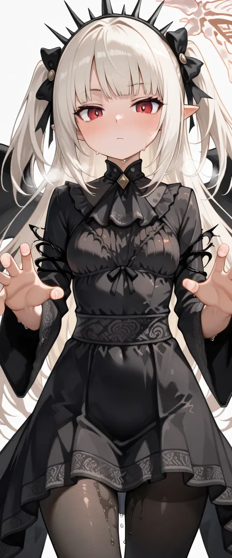 a-bao a qun - the lightless shadow, 1girl, solo, hot, steaming, steaming body, sweat, sweating, sweaty, sweaty body, wet, wet body, dripping, dripping sweat, blushing, bored face expression, closed mouth, squinted eyes, (((white background))), simple backg...