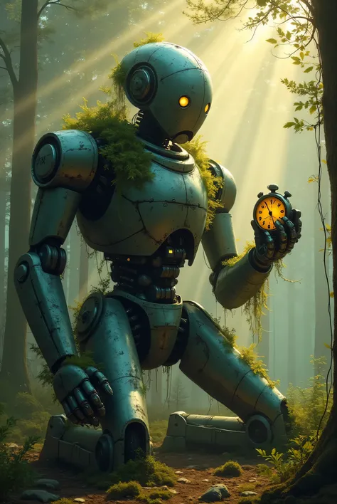 **Prompt:**  

A towering robot, weathered and ancient, kneels in the middle of a dense, foggy forest. Its metallic frame is covered in moss and vines, blending with the natural surroundings. Sunlight filters through the trees in sharp, golden beams, illum...