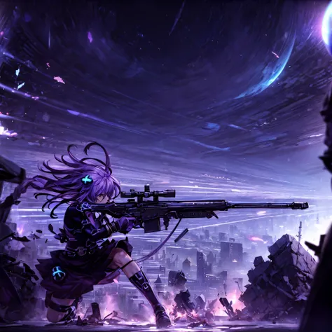 Neptunia with long purple pigtails, serious face.  Is in a war-torn city.  foreground , 