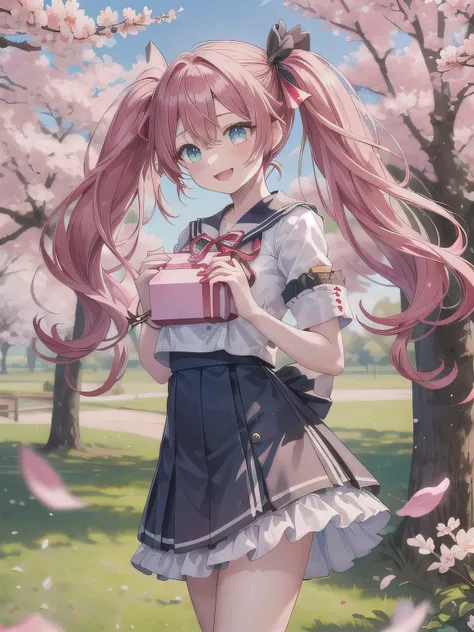 A stunningly beautiful 20-year-old woman stands in a lush green park full of cherry blossoms in full bloom under a clear blue sky. She is wearing a classic sailor uniform and holds a neatly wrapped gift box with a red ribbon in both hands in front of her c...