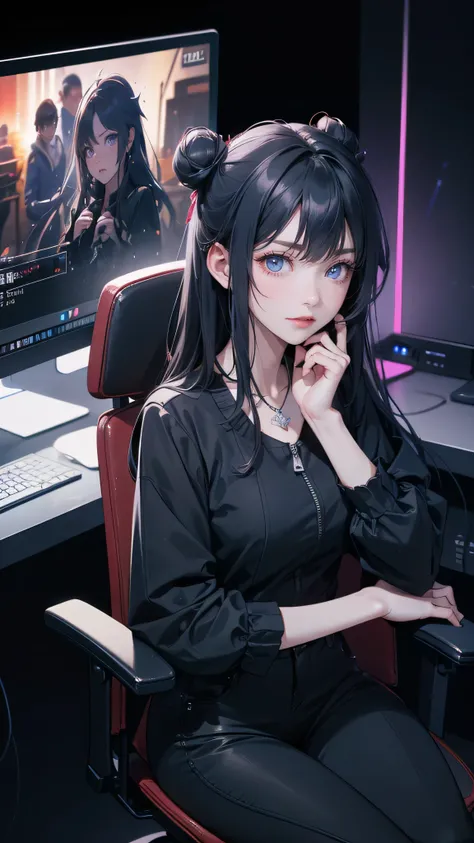 upper body, masterpiece, high resolution, beautiful woman, Korean Beauty, 30 years old, (cyberpunk jacket, black shirt, black pants, Neckless), (Black hair, twin bun),  (Blue inner hair), beautiful woman, smile face,  looking at me (high resolution face),(...