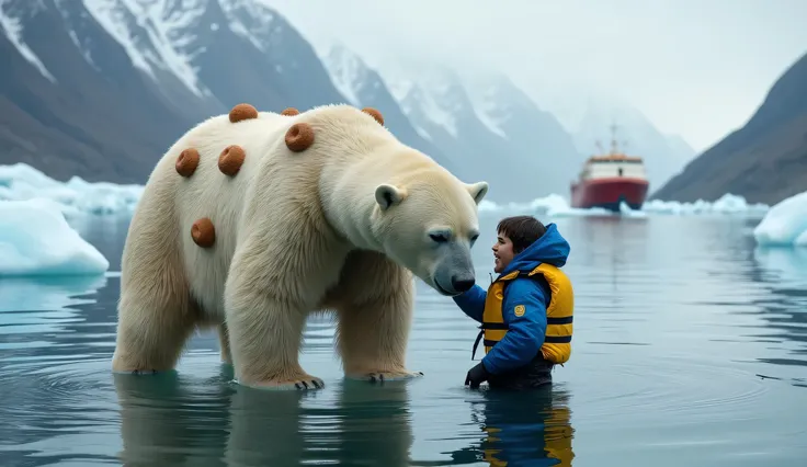 A highly realistic image of a polar bear standing in the Arctic waters. The bear’s fur is covered in small, circular objects resembling doughnuts, with the objects attached closely to its body, not falling off. A person, wearing a life jacket, is standing ...