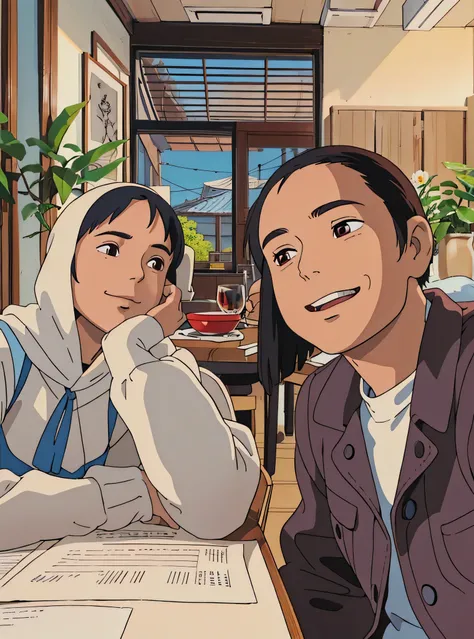 there are two people sitting at a table smiling for a picture, aykut aydogdu, profile picture 1024px, ayanamikodon and irakli nadar, khyzyl saleem, ash thorp khyzyl saleem, aykut aydogdu zener, at instagram, photo taken in 2 0 2 0, leakedghibli style, ((ma...