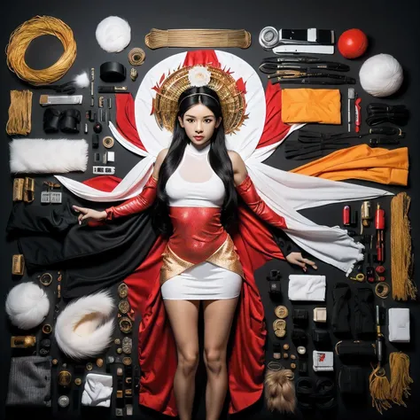 32 K（tmasterpiece，k hd，hyper H D，32 K）Long flowing black hair，ponds，z ydink， a color， Asian people （Silly girl）， （Silk scarf）， Combat posture， looking at the ground， long whitr hair， Floating hair， Carp pattern headdress， Chinese long-sleeved clothing， （ab...