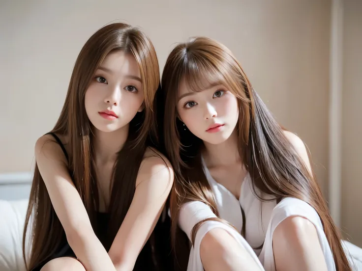 (Photos of twins who look as alike as fingernails) (Knee-length shot of a woman) ((Close-up of two people from the neck up)) ((Beautiful 24 year old hair model with long light brown hair Fell straight down Reaches up to the kneeVery long hair highest quali...
