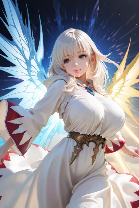 huge breasts , ((1 girl)), (dynamic synthesis from bottom: 1.3), white hair, ((masterpiece, highest quality, highest image quality, final fantasy, high resolution)), young beautiful girl, (((white mage))),white robe, very delicate hair , hair over shoulder...