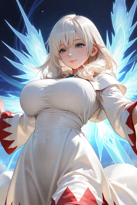 huge breasts , ((1 girl)), (dynamic synthesis from bottom: 1.3), white hair, ((masterpiece, highest quality, highest image quality, final fantasy, high resolution)), young beautiful girl, (((white mage))),white robe, very delicate hair , hair over shoulder...