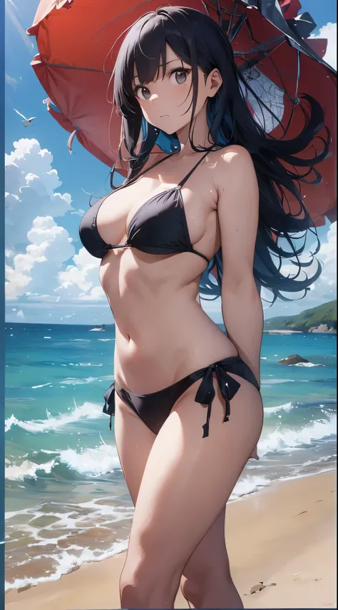 A young and beautiful Japanese woman wearing a vibrant pink bikini stands on the pristine sandy beach of a deserted island, looking directly into the camera with an intense, slightly angry expression—her brows furrowed, lips slightly pouted, and hands firm...