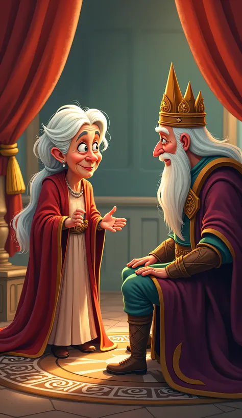 A cartoony.  Lady Isolde, an old and wise advisor, had another idea. “We should offer a challenge to King Oswin,” 