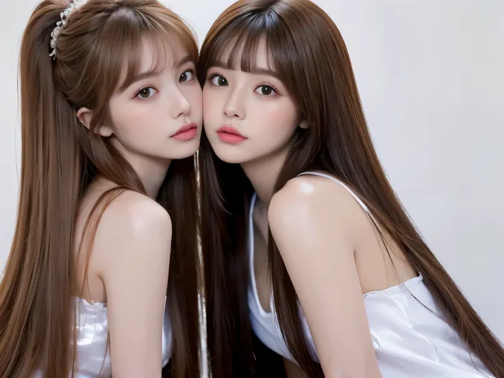 (They are identical twins and are practically clones. Hairstyle、The hair color is the same Shoot in the same space) ((They face each other and hold each other tightly:1.5)) (They look happy to see the viewers.) ((A close-up of the faces of both people, sho...