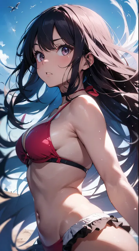 A young and beautiful Japanese woman wearing a vibrant pink bikini stands on the pristine sandy beach of a deserted island, looking directly into the camera with an intense, slightly angry expression—her brows furrowed, lips slightly pouted, and hands firm...